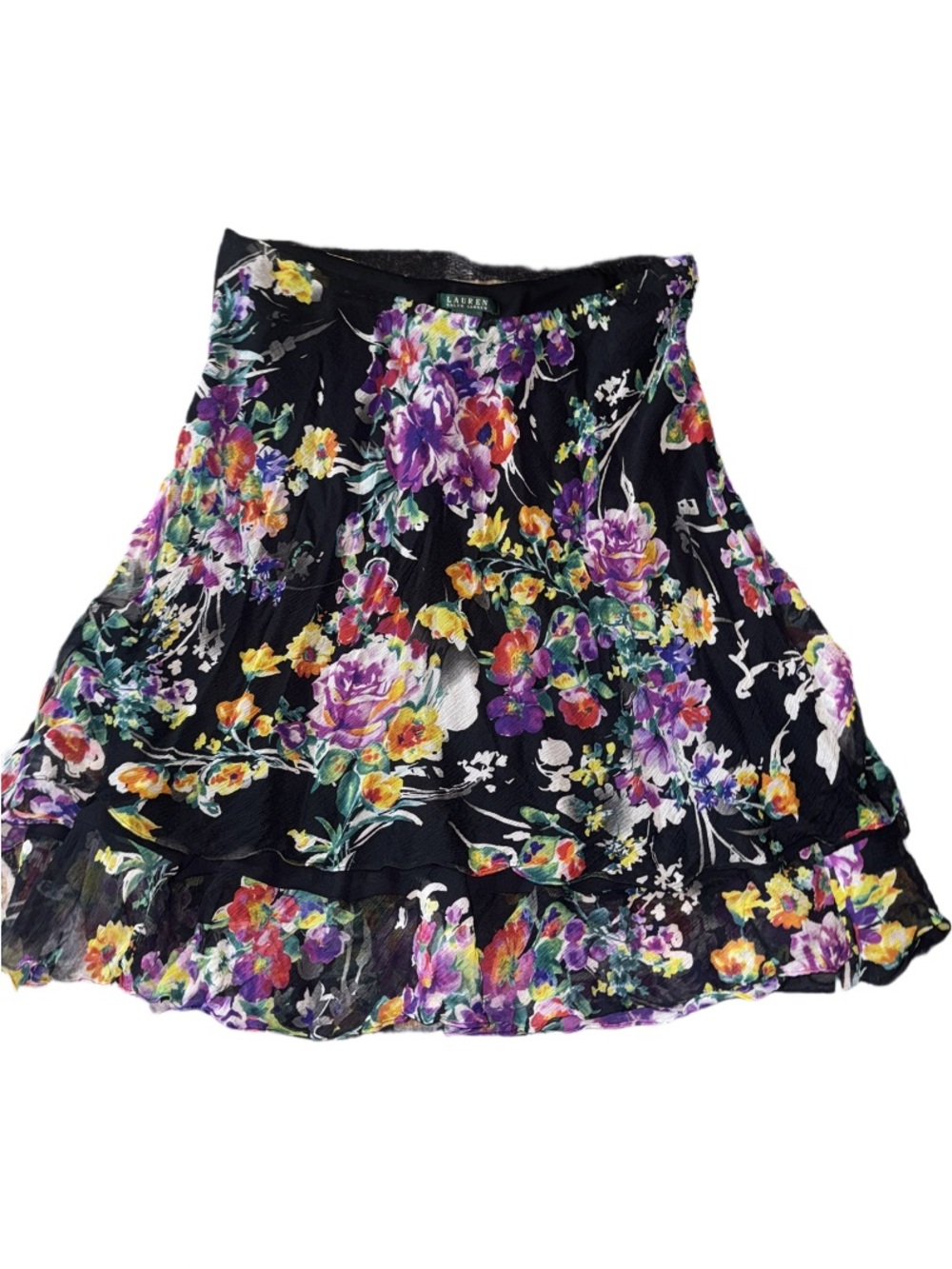 Lauren Ralph Lauren 100% Silk Black Floral Skirt w Purple, Pink & Yellow large - Picture 2 of 6